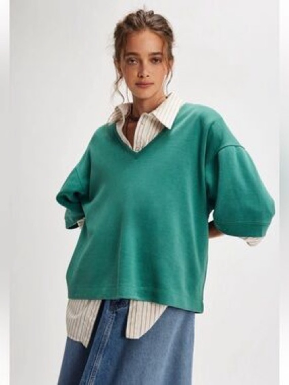 NEW! We the Free People TELL ME WHY TEE Green V-Neck Relaxed Boxy Pullover M